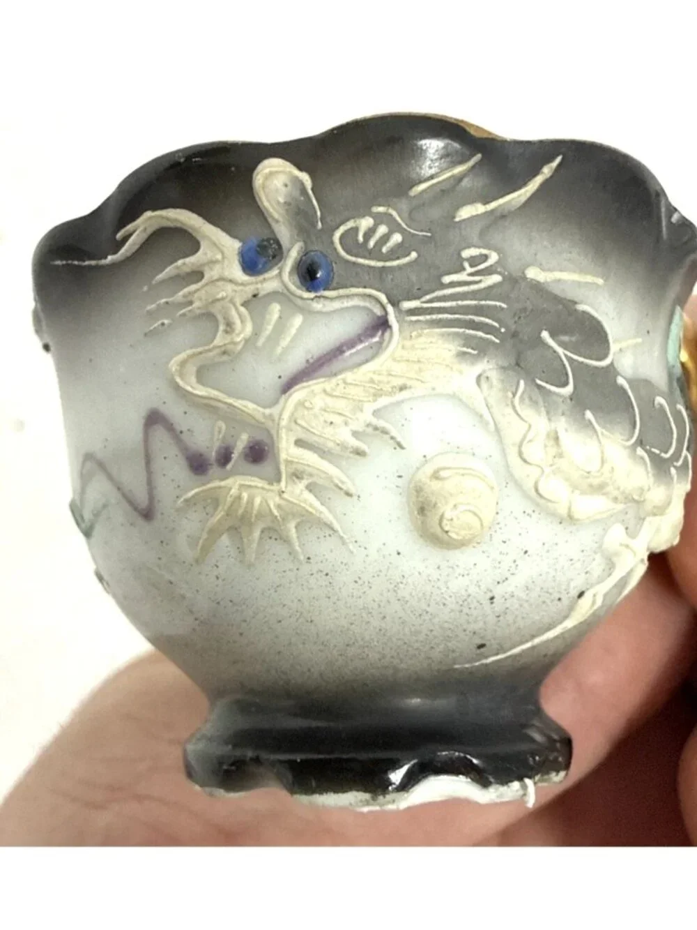 Vintage Japanese Moriage Dragonware Tea Cup Saucer Gold Lithopane 3.5